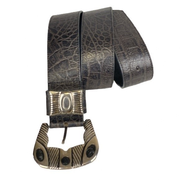 90s MZ New York Western Belt Top Grain Leather Brown lined Silver Buckle size L main image 7